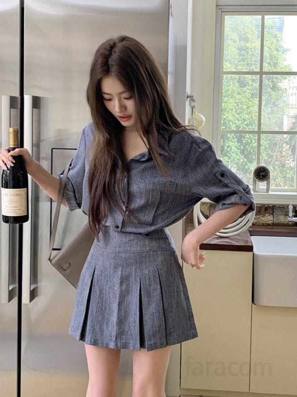 여성 카라 롤업 반팔 셔츠 플리츠 미니 스커트 오피스룩 캐주얼 투피스 세트 데님룩 봄 여름 8357 - 상세 이미지 4