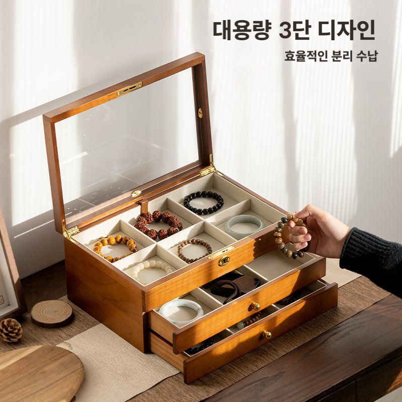 원목 3단 악세사리 보관함 반지 귀걸이 케이스 보석함 오크 - 상세 이미지 4