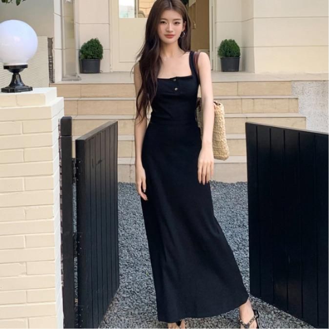 여성 봄 여름 모달 롱원피스 스퀘어넥 끈나시 민소매 X라인 하이웨스트 슬림핏 단추 데일리 바캉스 8168 - 상품 이미지