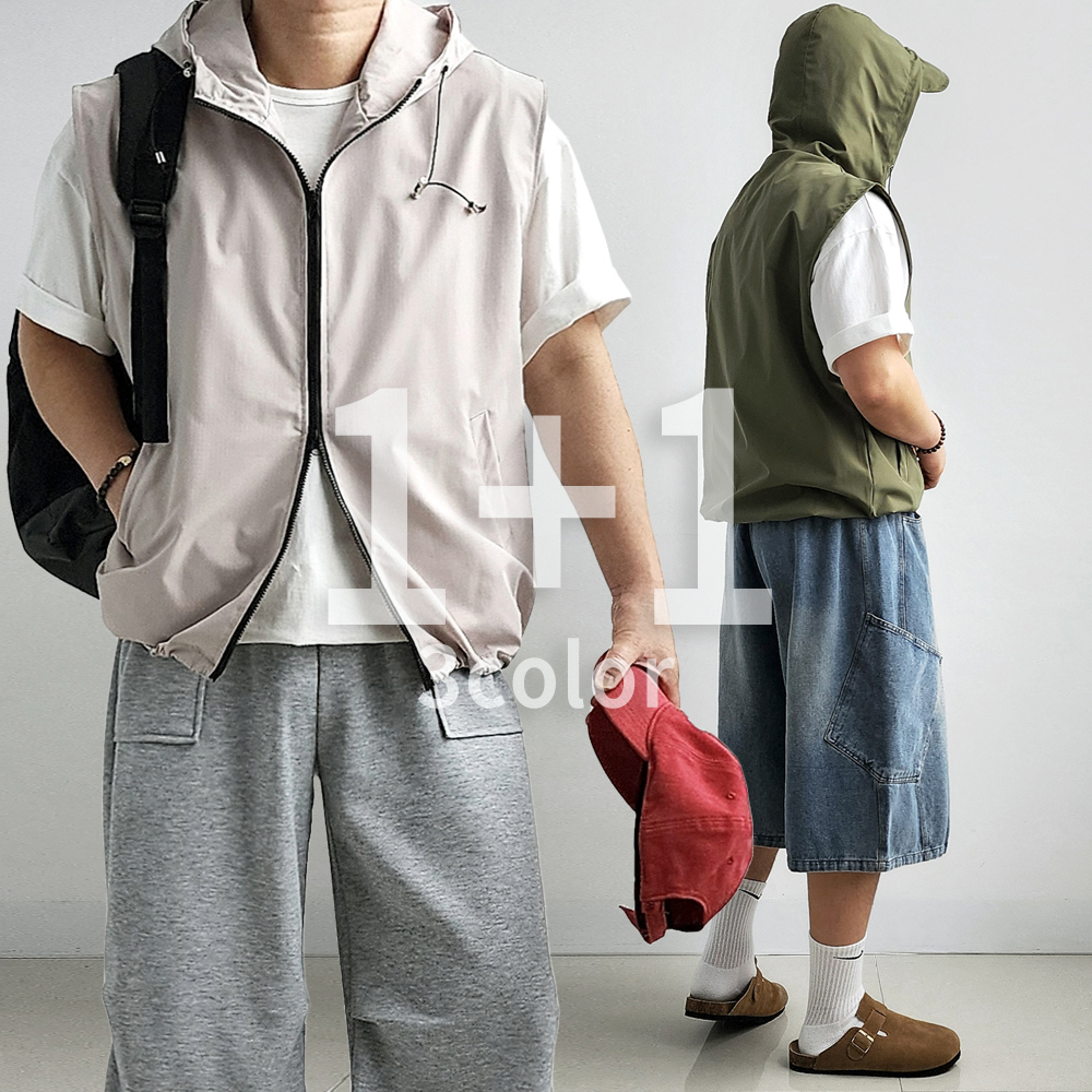 1+1 바람막이조끼 후드조끼 나일론베스트 - 상품 이미지
