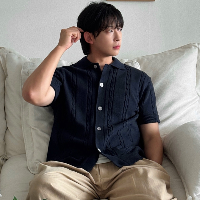 남자 렌테 여름 쿨링 케이블 꽈배기 카라 반팔 니트 가디건