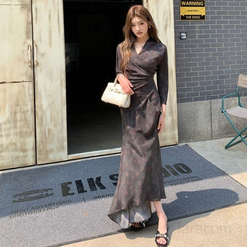 여성 봄 여름 랩 브이넥 핀턱 프린팅 롱 언발란스 원피스 폴리에스터 9부 소매 8693 - 상품 이미지