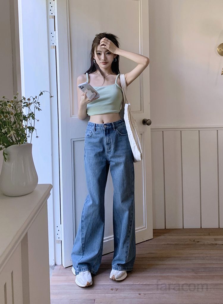 여성 하이웨이스트 롱 와이드 데님팬츠 워싱 면 청바지 루즈핏 캐주얼 데일리 통넓은 긴바지 4839 - 상세 이미지 2
