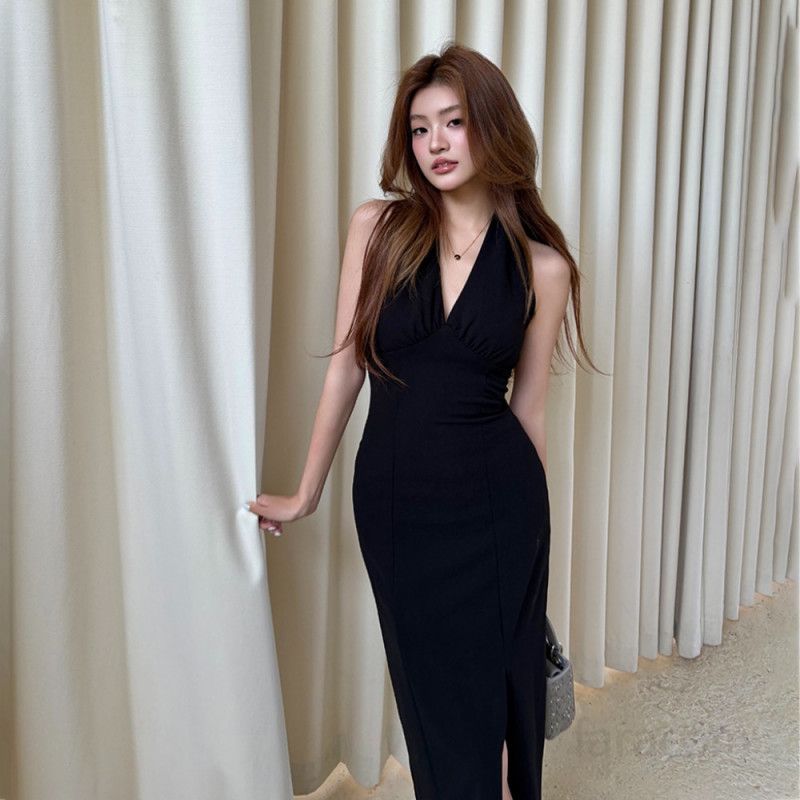 여성 봄 여름 브이넥 홀터넥 슬릿 롱 원피스 슬림핏 폴리스판 하이웨이스트 파티룩 데이트룩 8711 - 상세 이미지 3