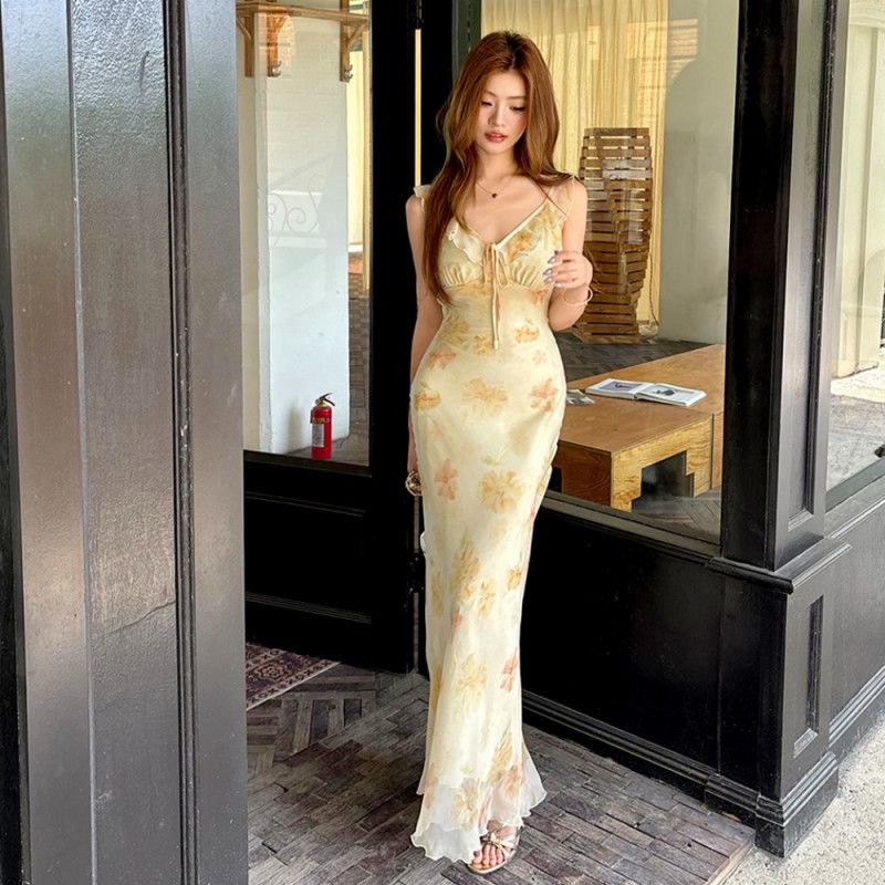 여성 봄 여름 브이넥 러플 하이웨스트 플라워패턴 셔링 X라인 폴리 롱원피스 휴양지 바캉스룩 데이트룩 8706 - 상품 이미지