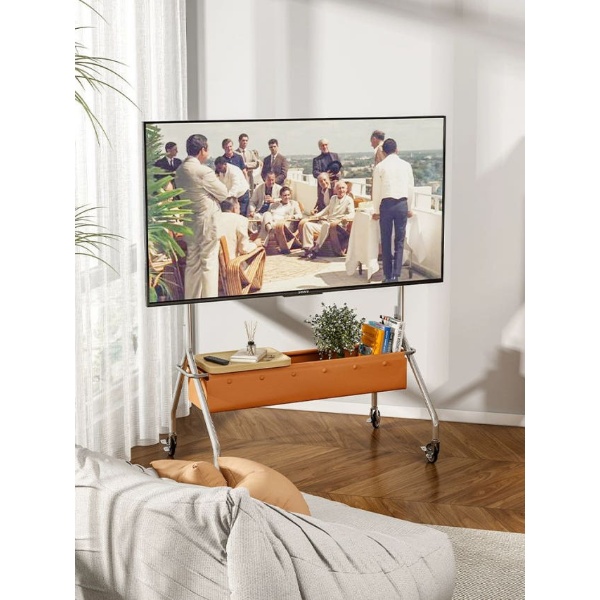 고급 이동식 TV 거치대 스탠드 이젤형 브라켓 스테인레스 고급PU가죽 코뿔소색 고급바퀴 - 상품 이미지