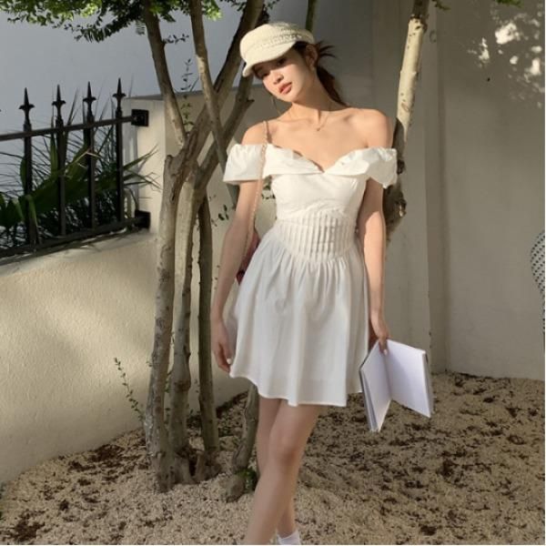 여성 코튼 오프숄더 셔링 플레어 미니 원피스 엑스라인 하이웨이스트 A라인 데이트룩 봄 여름 8307 - 상품 이미지