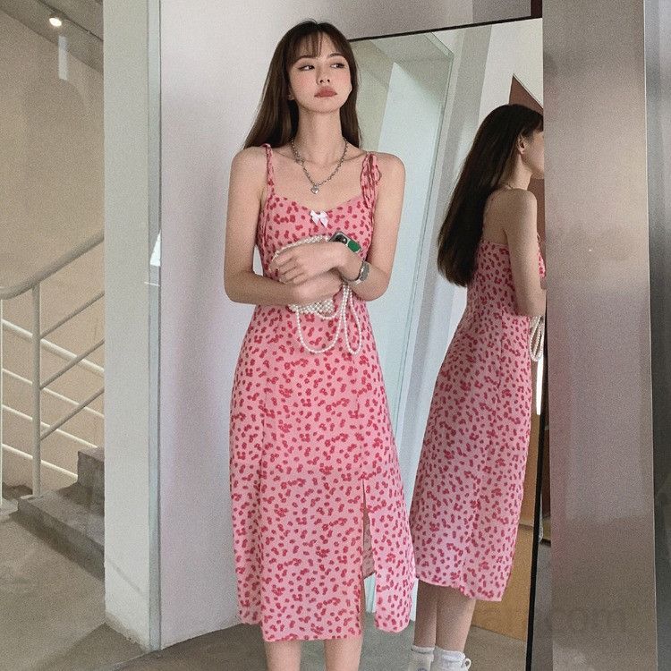 여성 봄 여름 쉬폰 잔꽃 플로럴 스퀘어넥 끈나시 민소매 하이웨스트 미디 원피스 휴가 바캉스 데이트룩 6620 - 상품 이미지