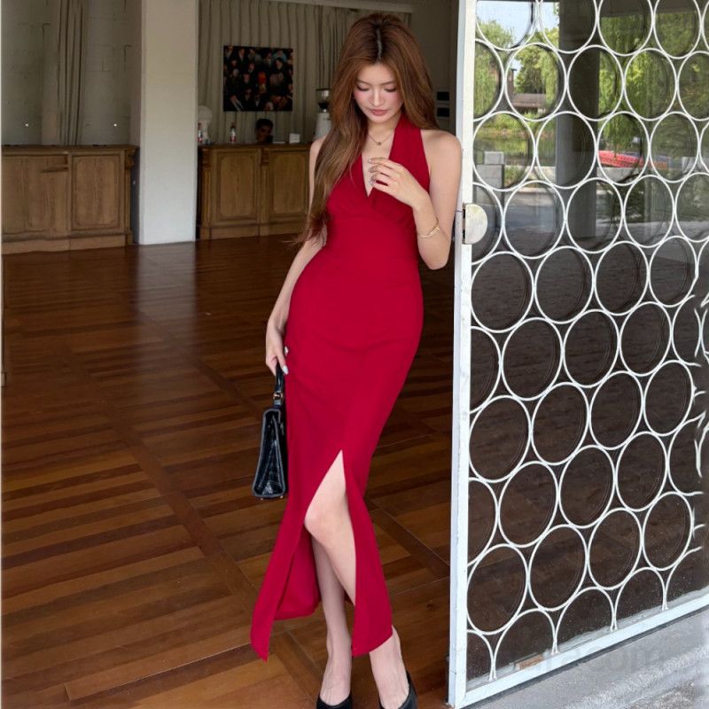 여성 봄 여름 브이넥 홀터넥 백리스 슬릿 폴리 스판 롱원피스 슬림핏 데일리 파티룩 우아한 드레스 8711 - 상품 이미지