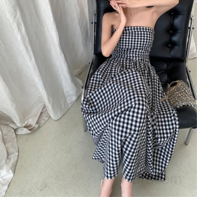 여성 봄 여름 튜브탑 스트랩 깅엄 체크 A라인 면 롱 원피스 플레어 민소매 바캉스룩 데이트룩 8137 - 상품 이미지