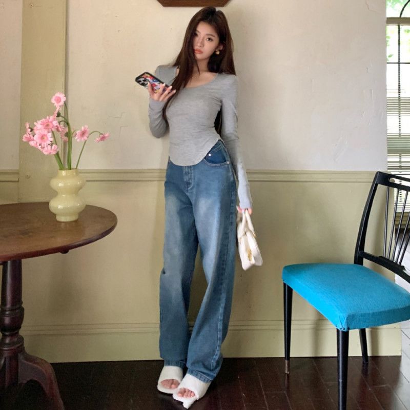 여성 봄 가을 워싱 하이웨이스트 와이드 코튼 롱 데님 팬츠 캐주얼 데일리룩 편안한 루즈핏 트렌디 스타일리쉬 5018 - 상품 이미지