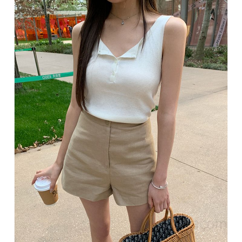 여성 하이웨이스트 와이드핏 코튼 반바지 데일리 캐주얼 심플 베이직 숏팬츠 탄탄한 치노 팬츠 기본템 봄 여름 4954 - 상세 이미지 3