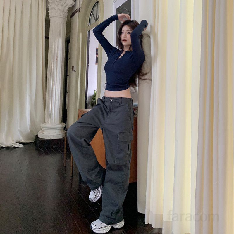 여성 봄 가을 워싱 스트레이트핏 와이드 카고 면 롱 팬츠 데일리룩 캐주얼 일자바지 5014 - 상세 이미지 3