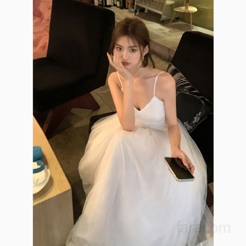 여성 봄 여름 하이웨스트 A라인 롱 끈나시 샤 원피스 백리스 시스루 튜튜 청순 여리여리 파티 데이트룩 8182 - 상세 이미지 2