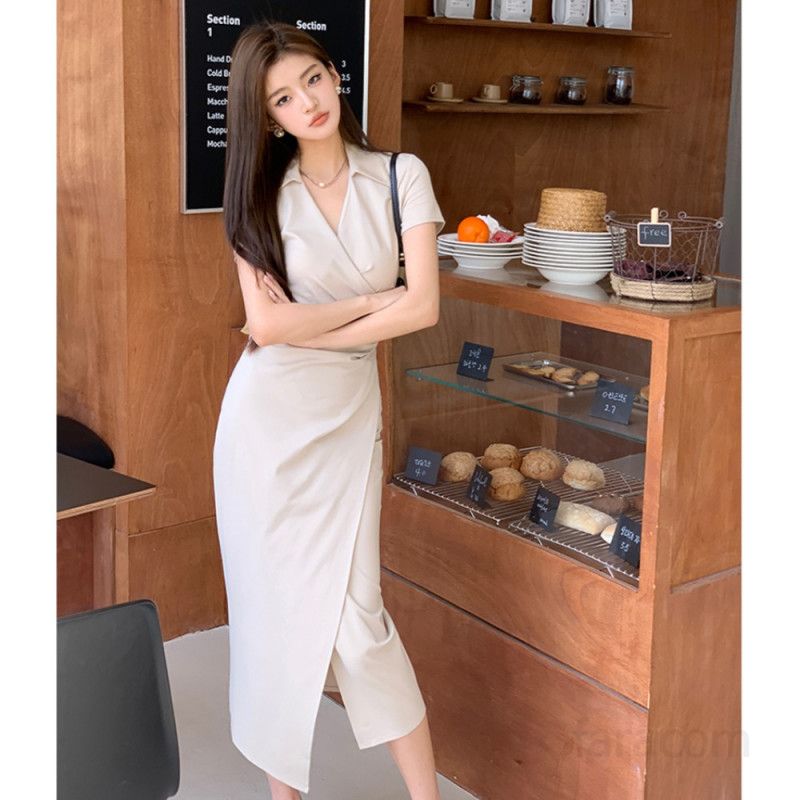 여성 봄 여름 오피스룩 카라 랩 언발란스 슬림핏 셔링 반팔 미디 원피스 8208 - 상세 이미지 2