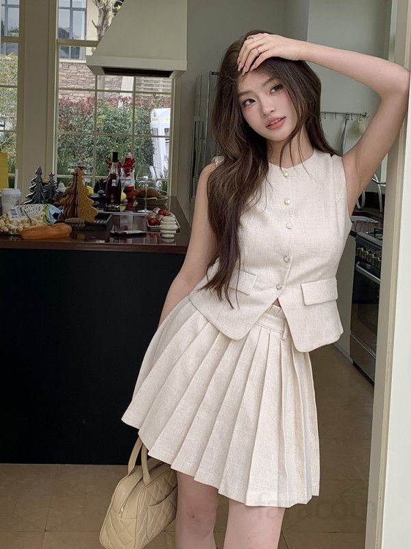 여성 봄 여름 라운드넥 버튼 크롭 베스트 플리츠 미니 스커트 투피스 세트 데이트룩 캐주얼룩 폴리에스터 8358 - 상세 이미지 2