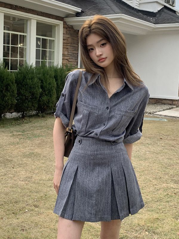 여성 카라 롤업 반팔 셔츠 플리츠 미니 스커트 오피스룩 캐주얼 투피스 세트 데님룩 봄 여름 8357 - 상세 이미지 2