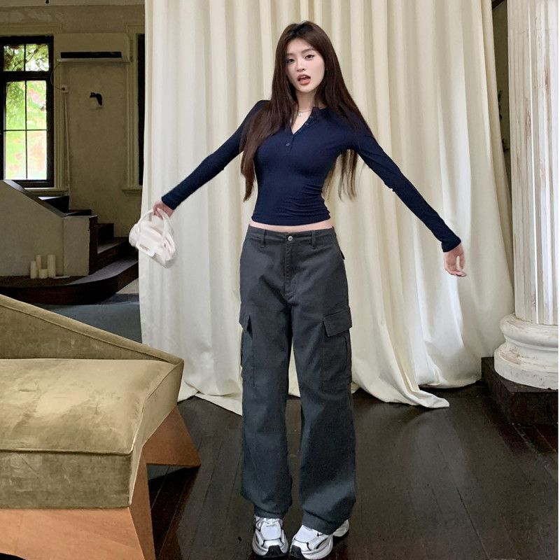 여성 봄 가을 워싱 스트레이트핏 와이드 카고 면 롱 팬츠 데일리룩 캐주얼 일자바지 5014 - 상세 이미지 4