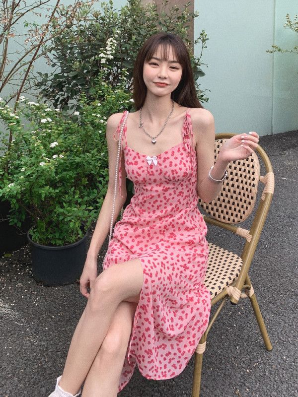 여성 봄 여름 쉬폰 잔꽃 플로럴 스퀘어넥 끈나시 민소매 하이웨스트 미디 원피스 휴가 바캉스 데이트룩 6620 - 상세 이미지 3