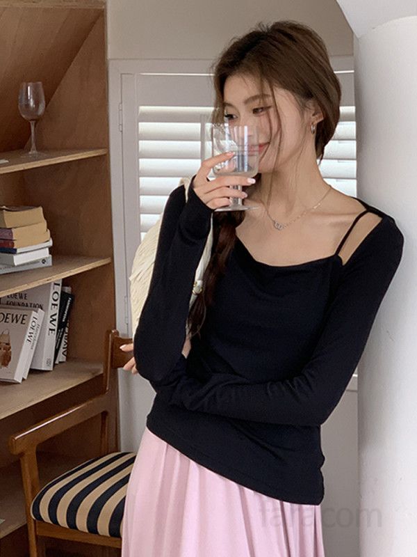 여성 스퀘어넥 백트임 컷아웃 롱슬리브 긴팔 티셔츠 기본 데일리 슬림핏 폴리스판 이너 봄 가을 8210 - 상세 이미지 4