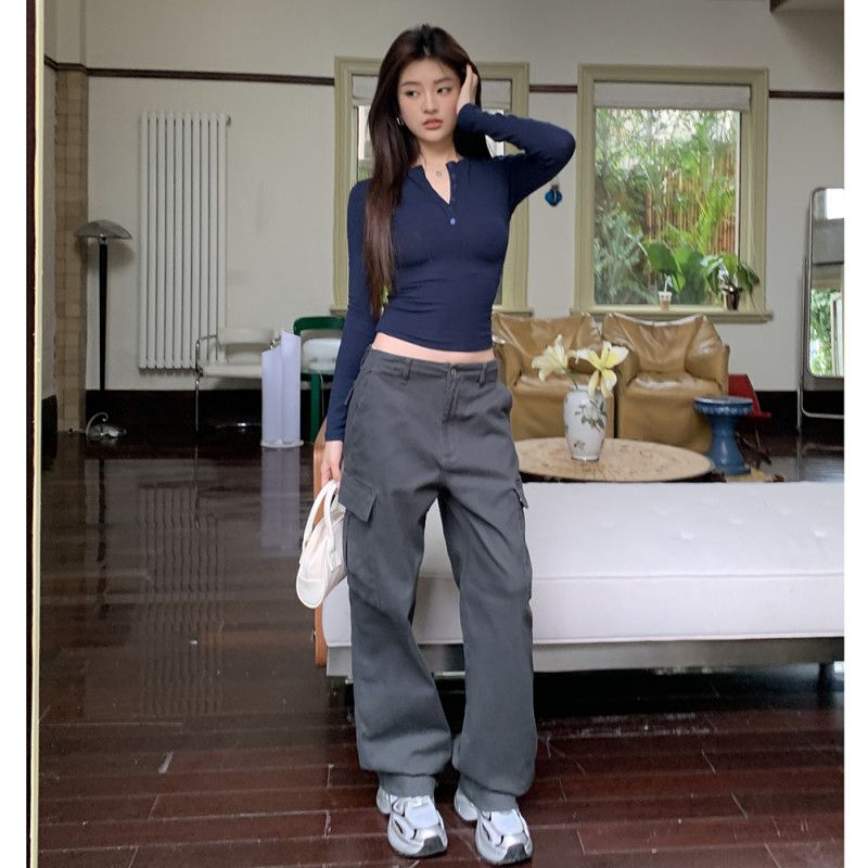 여성 봄 가을 워싱 스트레이트핏 와이드 카고 면 롱 팬츠 데일리룩 캐주얼 일자바지 5014 - 상세 이미지 2