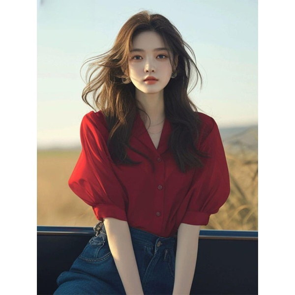 세련된 퍼프 레드 소매 여성용 반팔 블라우스 - 상품 이미지