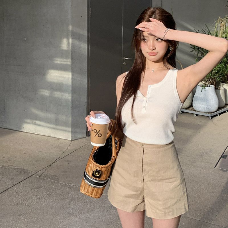 여성 하이웨이스트 와이드핏 코튼 반바지 데일리 캐주얼 심플 베이직 숏팬츠 탄탄한 치노 팬츠 기본템 봄 여름 4954 - 상세 이미지 2