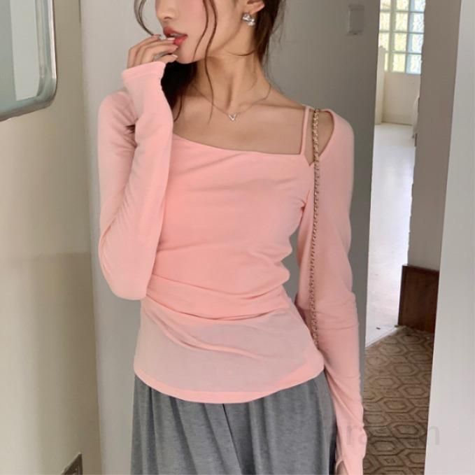 여성 스퀘어넥 백트임 컷아웃 롱슬리브 긴팔 티셔츠 기본 데일리 슬림핏 폴리스판 이너 봄 가을 8210 - 상품 이미지