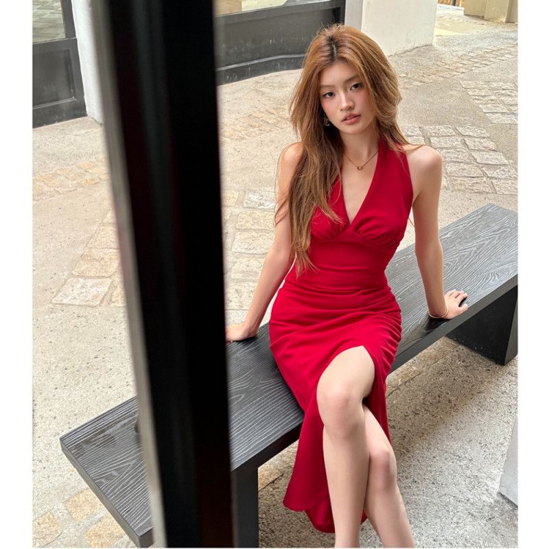 여성 봄 여름 브이넥 홀터넥 백리스 슬릿 폴리 스판 롱원피스 슬림핏 데일리 파티룩 우아한 드레스 8711 - 상세 이미지 3