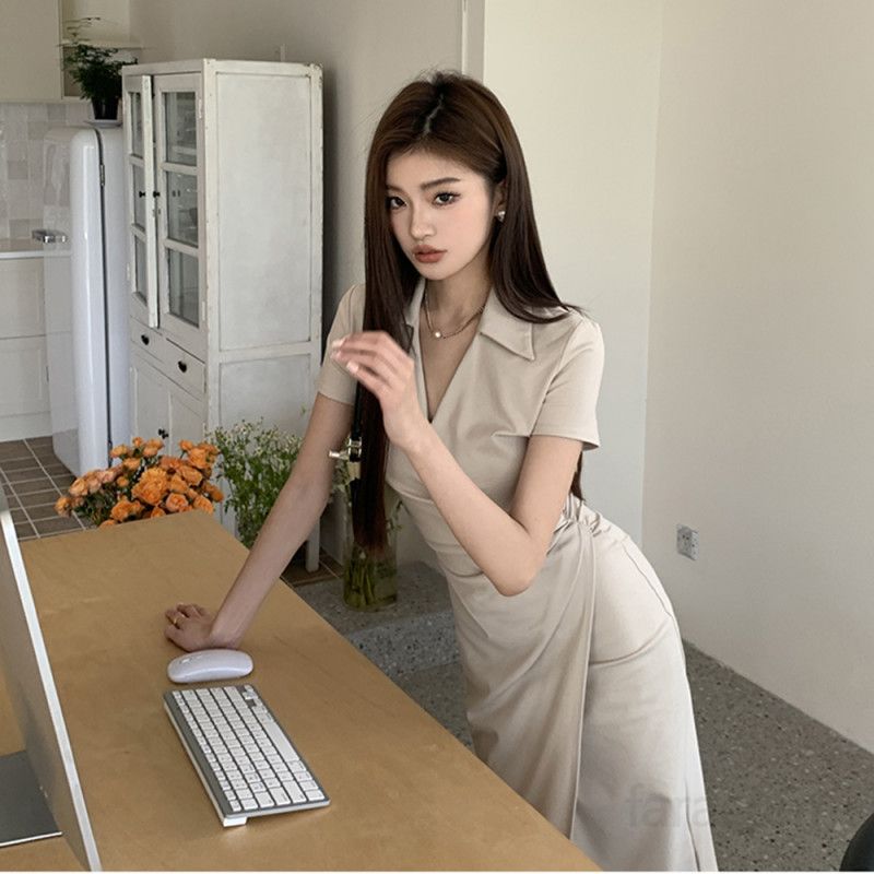 여성 봄 여름 오피스룩 카라 랩 언발란스 슬림핏 셔링 반팔 미디 원피스 8208 - 상세 이미지 3