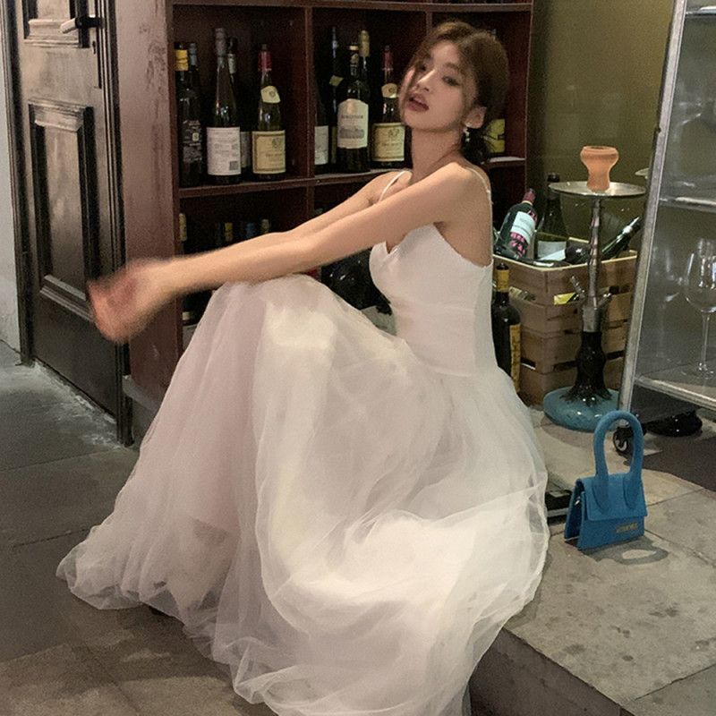 여성 봄 여름 하이웨스트 A라인 롱 끈나시 샤 원피스 백리스 시스루 튜튜 청순 여리여리 파티 데이트룩 8182 - 상품 이미지