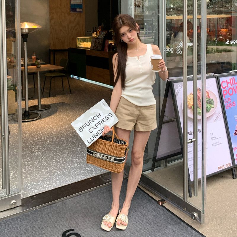 여성 하이웨이스트 와이드핏 코튼 반바지 데일리 캐주얼 심플 베이직 숏팬츠 탄탄한 치노 팬츠 기본템 봄 여름 4954 - 상세 이미지 4