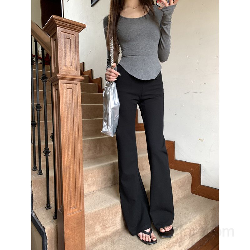 여성 롱 와이드 부츠컷 스판 플레어 팬츠 모달 나일론 혼방 편안한 밴딩 데일리 긴바지 슬랙스 봄 가을 4964 - 상세 이미지 4