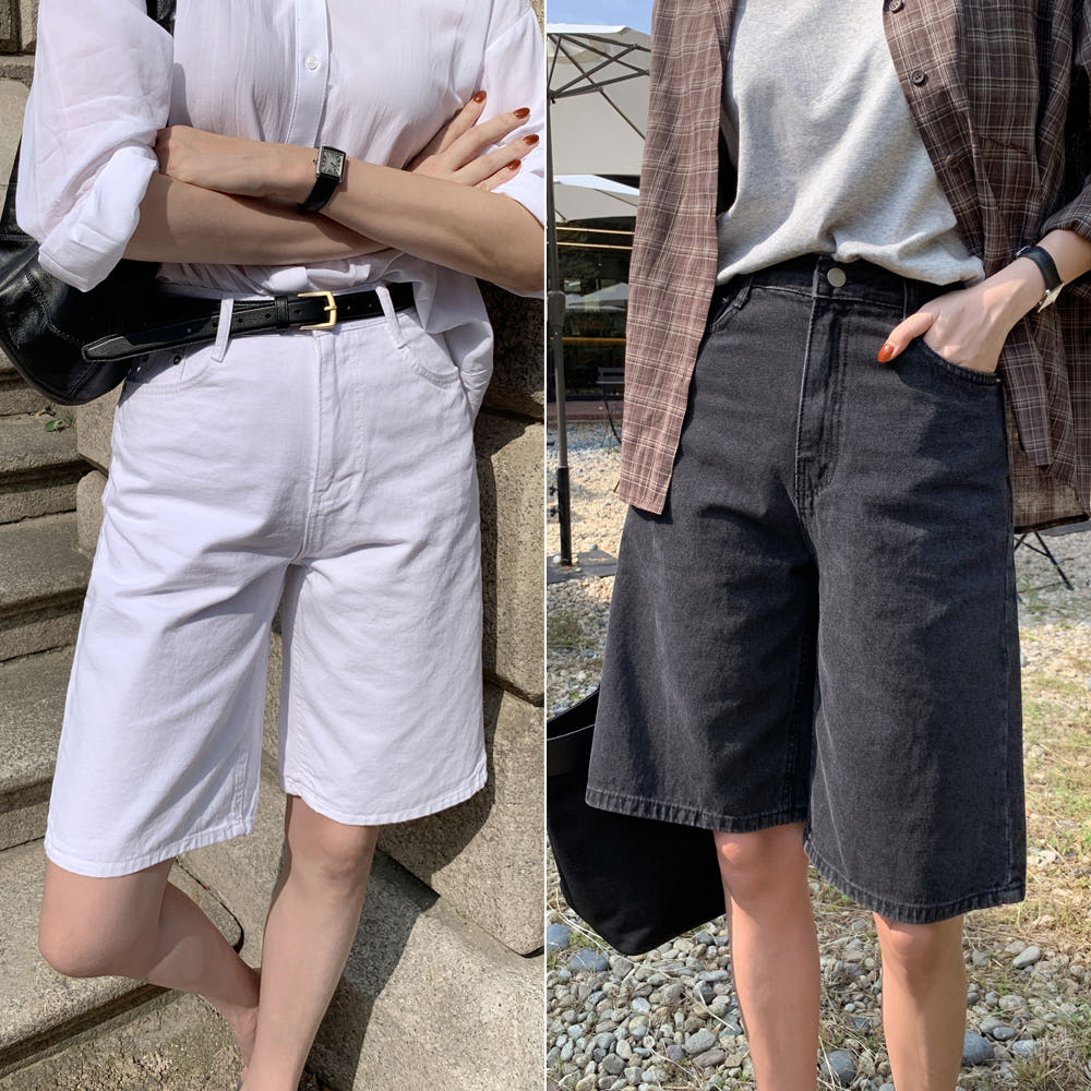 하이웨스트 버뮤다팬츠 가을 여성 반바지 5부 세미 와이드팬츠 여자 통바지 화이트 블랙