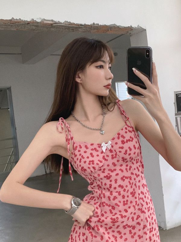 여성 봄 여름 쉬폰 잔꽃 플로럴 스퀘어넥 끈나시 민소매 하이웨스트 미디 원피스 휴가 바캉스 데이트룩 6620 - 상세 이미지 4