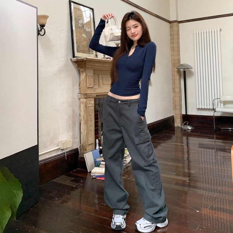 여성 봄 가을 워싱 스트레이트핏 와이드 카고 면 롱 팬츠 데일리룩 캐주얼 일자바지 5014 - 상품 이미지