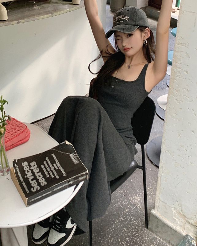 여성 봄 여름 모달 롱원피스 스퀘어넥 끈나시 민소매 X라인 하이웨스트 슬림핏 단추 데일리 바캉스 8168 - 상세 이미지 4