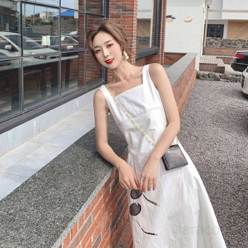 여성 면 스퀘어넥 민소매 A라인 멜빵 미디 원피스 하이웨스트 데일리 레트로 무드 봄 여름 3926 - 상품 이미지