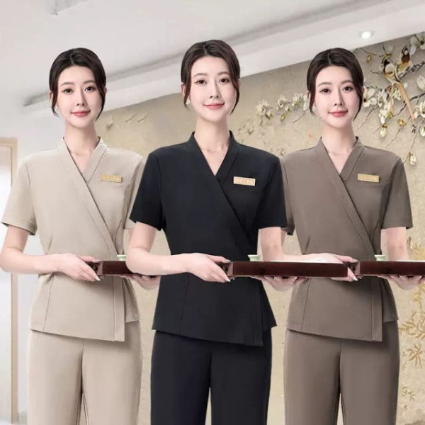 프리미엄 마사지 피부과 네일 데스크 7부 고급 유니폼 가운 연한 카키 세트 - 상품 이미지