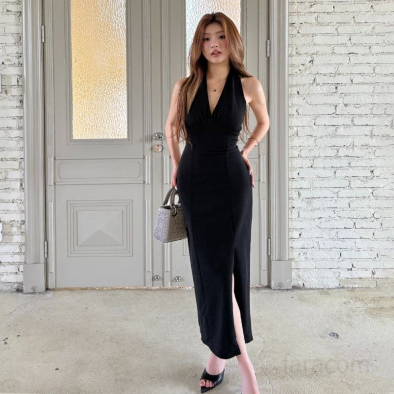 여성 봄 여름 브이넥 홀터넥 슬릿 롱 원피스 슬림핏 폴리스판 하이웨이스트 파티룩 데이트룩 8711 - 상품 이미지