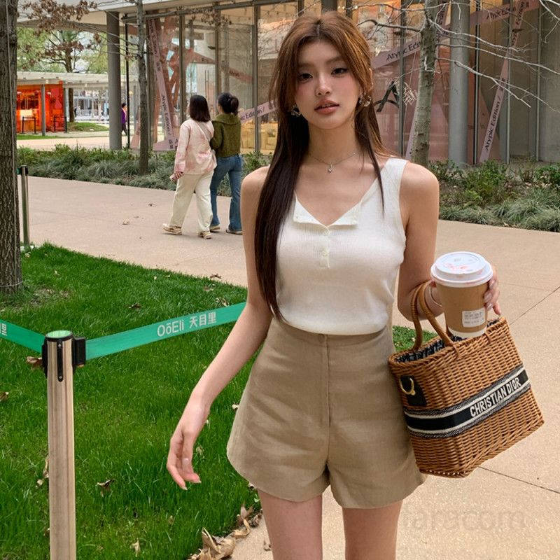 여성 하이웨이스트 와이드핏 코튼 반바지 데일리 캐주얼 심플 베이직 숏팬츠 탄탄한 치노 팬츠 기본템 봄 여름 4954 - 상품 이미지