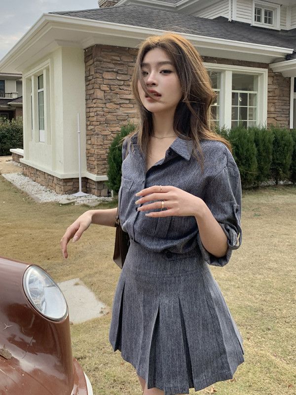 여성 카라 롤업 반팔 셔츠 플리츠 미니 스커트 오피스룩 캐주얼 투피스 세트 데님룩 봄 여름 8357 - 상세 이미지 3