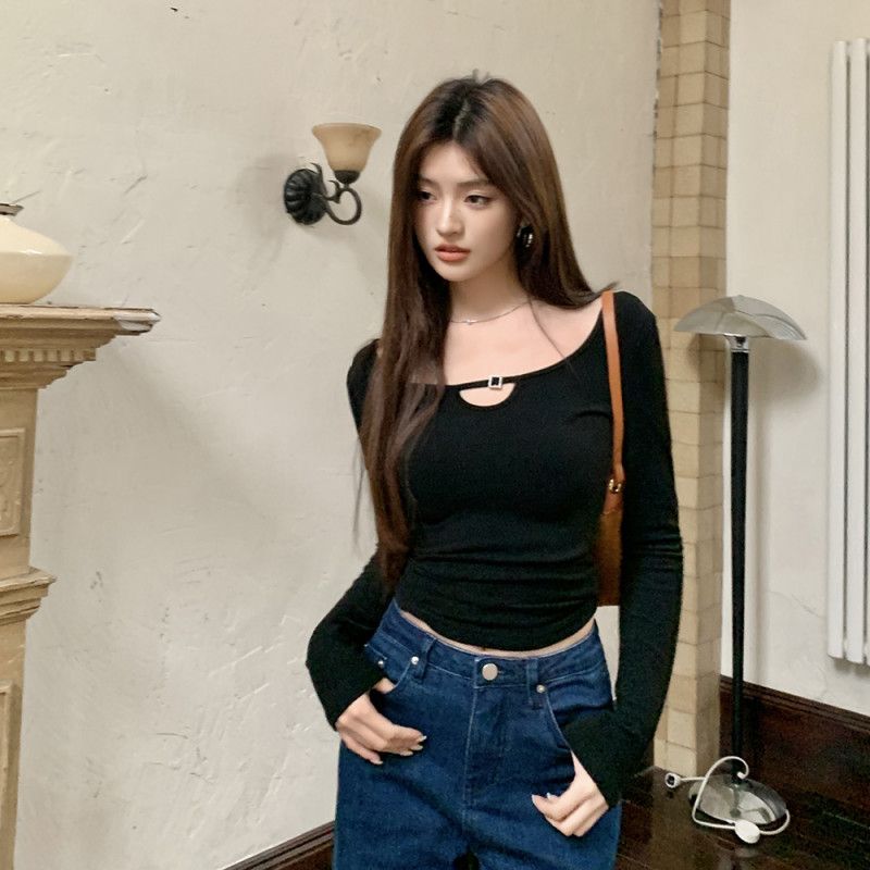 여성 라운드넥 링 디테일 모달 스판 슬림핏 긴팔 크롭 티셔츠 심플 베이직 데일리룩 이너웨어 봄 가을 8566 - 상세 이미지 2