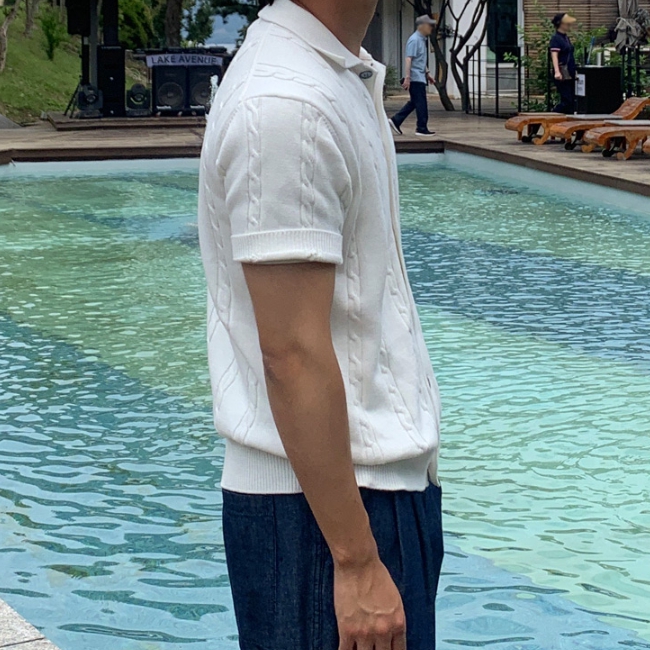 남자 렌테 여름 쿨링 케이블 꽈배기 카라 반팔 니트 가디건 이미지 8