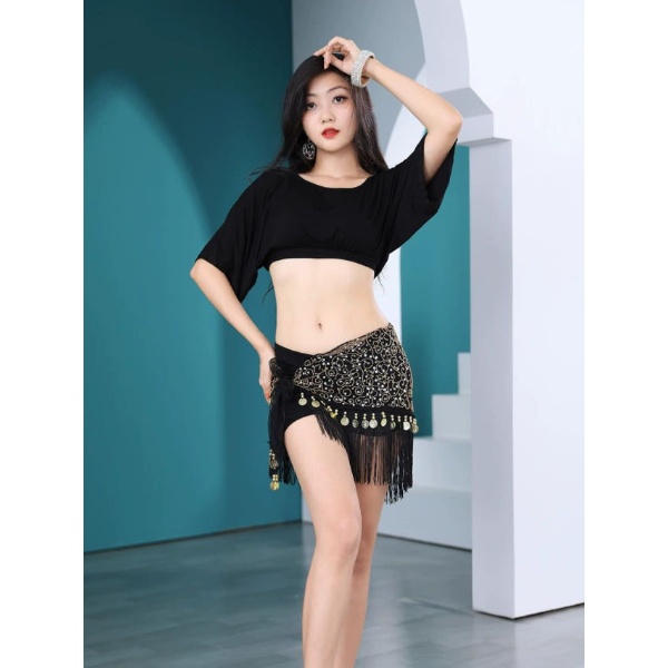 댄스 힙스카프 태슬 블랙 밸리댄스 스타일 라인댄스복 허리띠 안전바지 - 상품 이미지