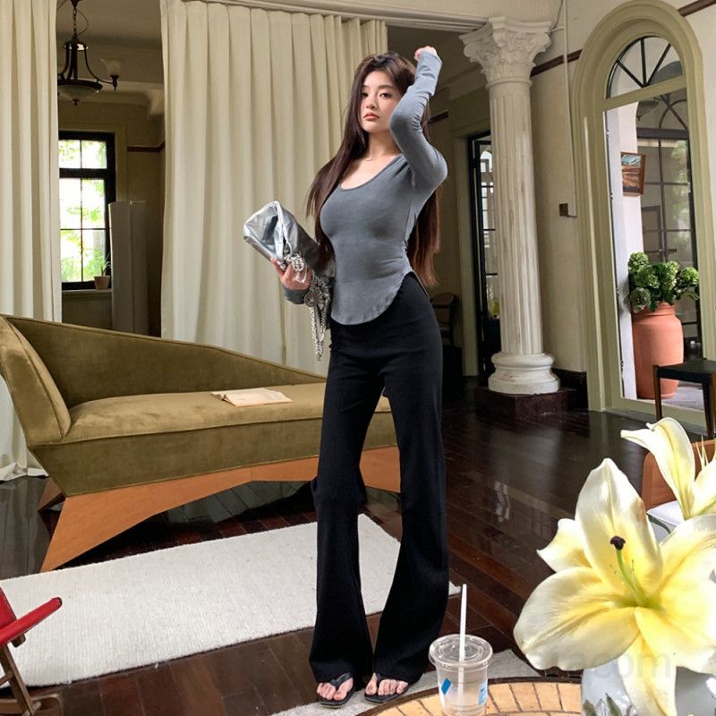 여성 롱 와이드 부츠컷 스판 플레어 팬츠 모달 나일론 혼방 편안한 밴딩 데일리 긴바지 슬랙스 봄 가을 4964 - 상품 이미지