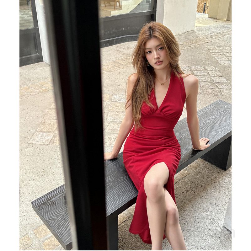 여성 봄 여름 브이넥 홀터넥 슬릿 롱 원피스 슬림핏 폴리스판 하이웨이스트 파티룩 데이트룩 8711 - 상세 이미지 2