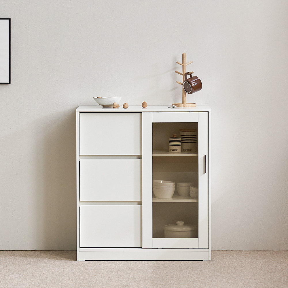 장인가구 아망드 슬라이딩 상부 하부 주방 수납장 세트 800, 3단, 800 유리 3단서랍장_브라운