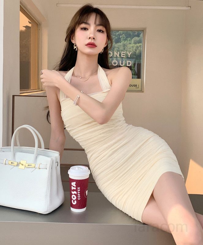 여성 홀터넥 슬림핏 셔링 주름 민소매 미니원피스 오픈백 엑스라인 코튼 봄 여름 6906 - 상세 이미지 5