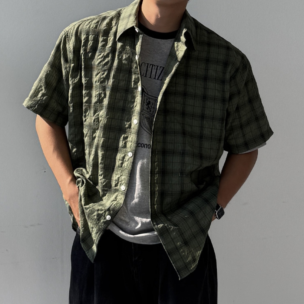 남자 세호 오버핏 여름 쿨 린넨 체크 반팔 셔츠 남방